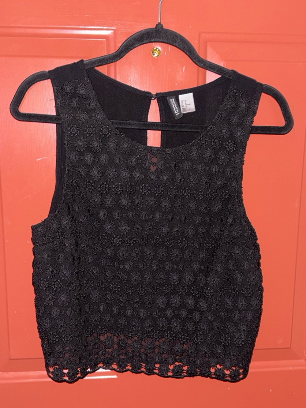 Divided Black Floral Crochet Tank with Keyhole Back